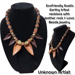 Tribal Bohemian Women's  necklace brown leather rock & lava beads Rustic Jewlery